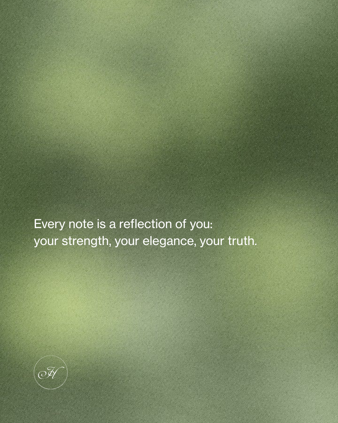 Text on a green, softly blurred background reads: "Every note is a reflection of you—strength, elegance, truth—like EARTHA EAU DE PARFUM from Simply Eartha." A small circular "H F" logo appears in the lower left corner.