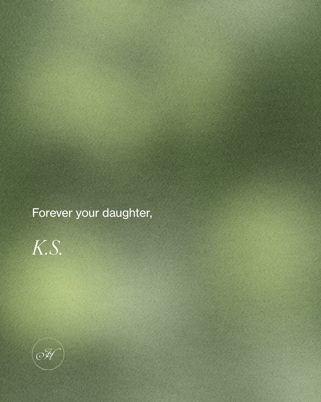 A soft, green, blurred background evokes the elegance of EARTHA EAU DE PARFUM by Simply Eartha, with “Forever your daughter, K.S.” in white and a circular emblem featuring the initials “KJ” in the bottom left corner.