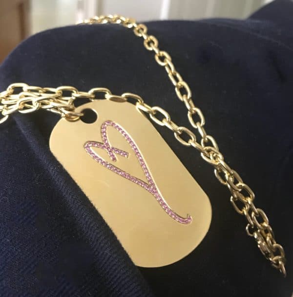 love in color with pink sapphire heart 14k gold dog tag necklace
